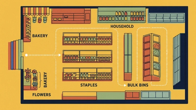 An editorial risograph illustration of a strategic grocery store map showing a path that bypasses impulse buys and starts in the center aisl