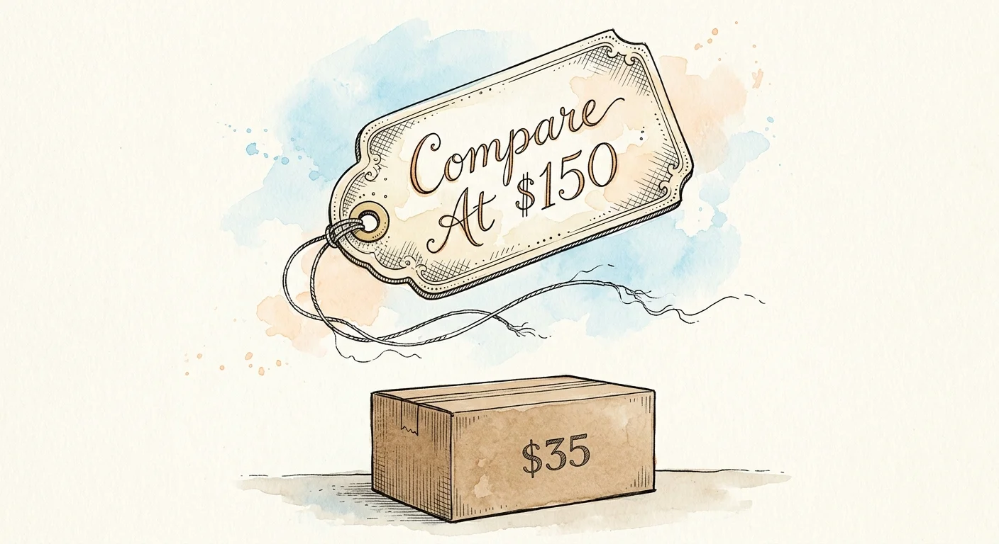 An editorial watercolor illustration of a 'Compare At $150' tag floating away from a simple $35 house brand box.
