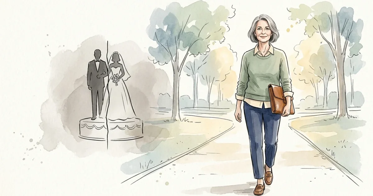 An editorial watercolor illustration of a mature woman walking confidently along a sunny path, leaving behind a split silhouette.
