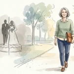 An editorial watercolor illustration of a mature woman walking confidently along a sunny path, leaving behind a split silhouette.