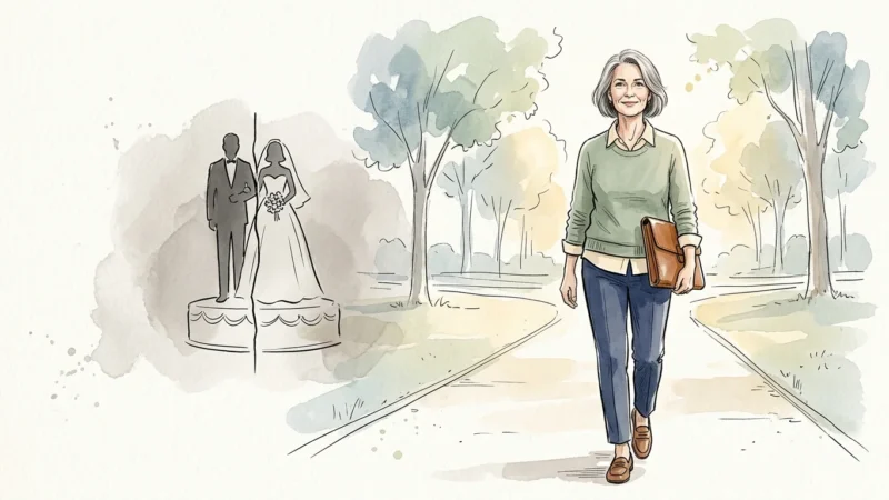 An editorial watercolor illustration of a mature woman walking confidently along a sunny path, leaving behind a split silhouette.