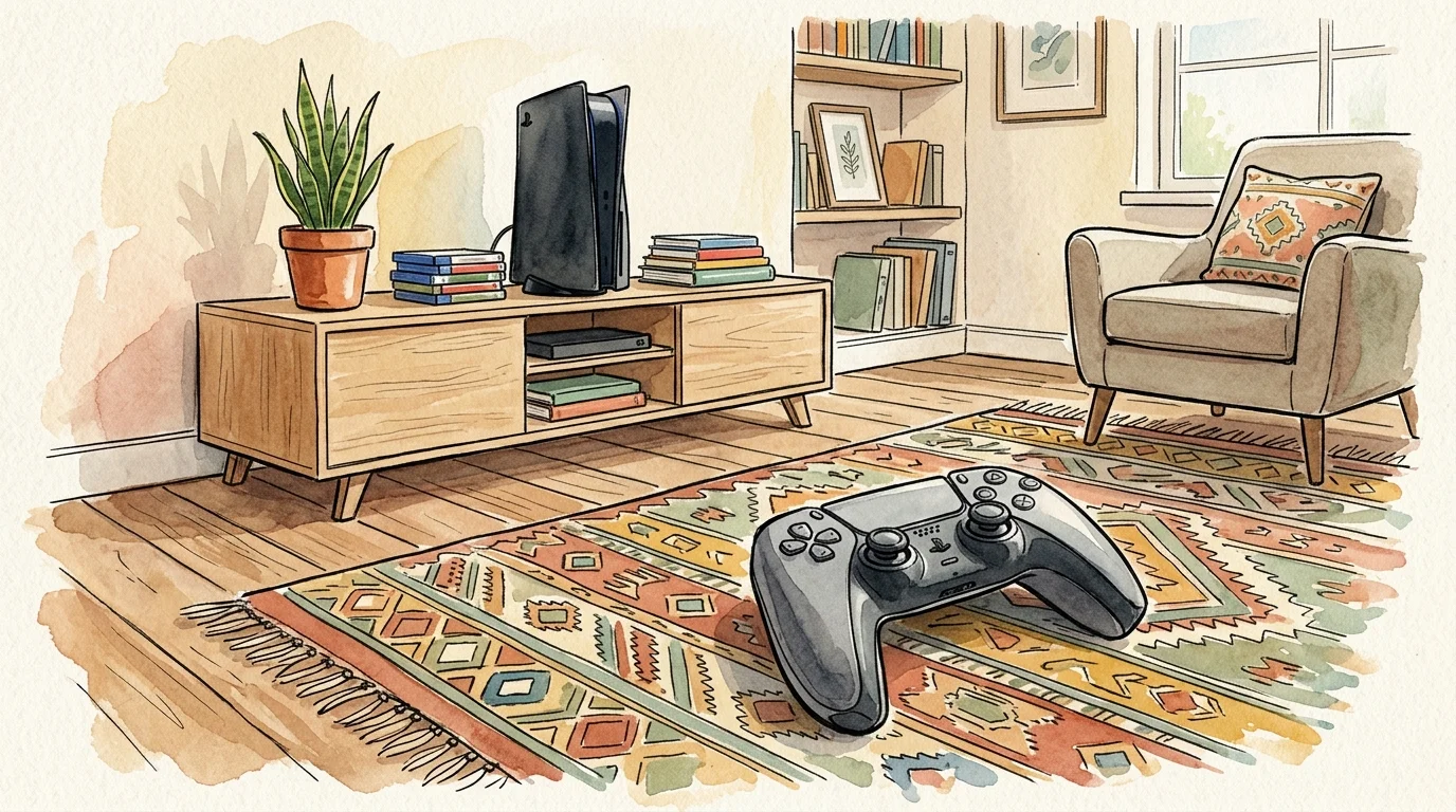 An editorial watercolor illustration of a modern gaming controller resting on a cozy woven rug next to a media console.