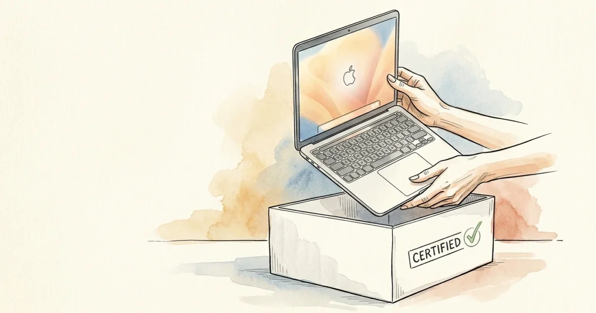 An editorial watercolor illustration of hands unboxing a pristine silver laptop from a white box stamped Certified.