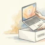 An editorial watercolor illustration of hands unboxing a pristine silver laptop from a white box stamped Certified.