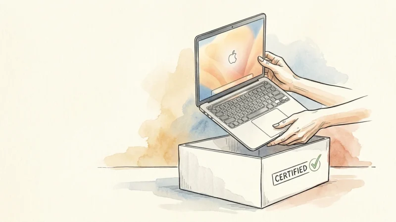 An editorial watercolor illustration of hands unboxing a pristine silver laptop from a white box stamped Certified.
