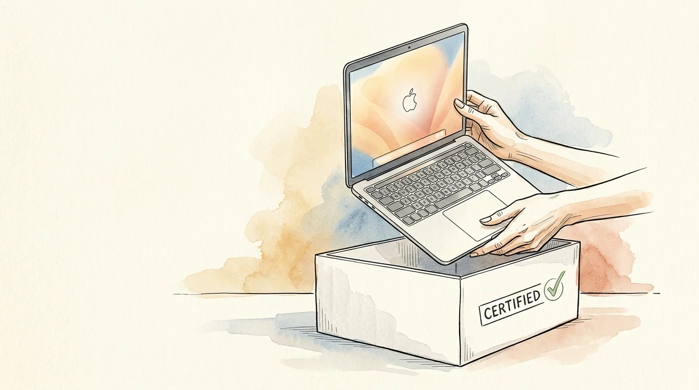 An editorial watercolor illustration of hands unboxing a pristine silver laptop from a white box stamped Certified.