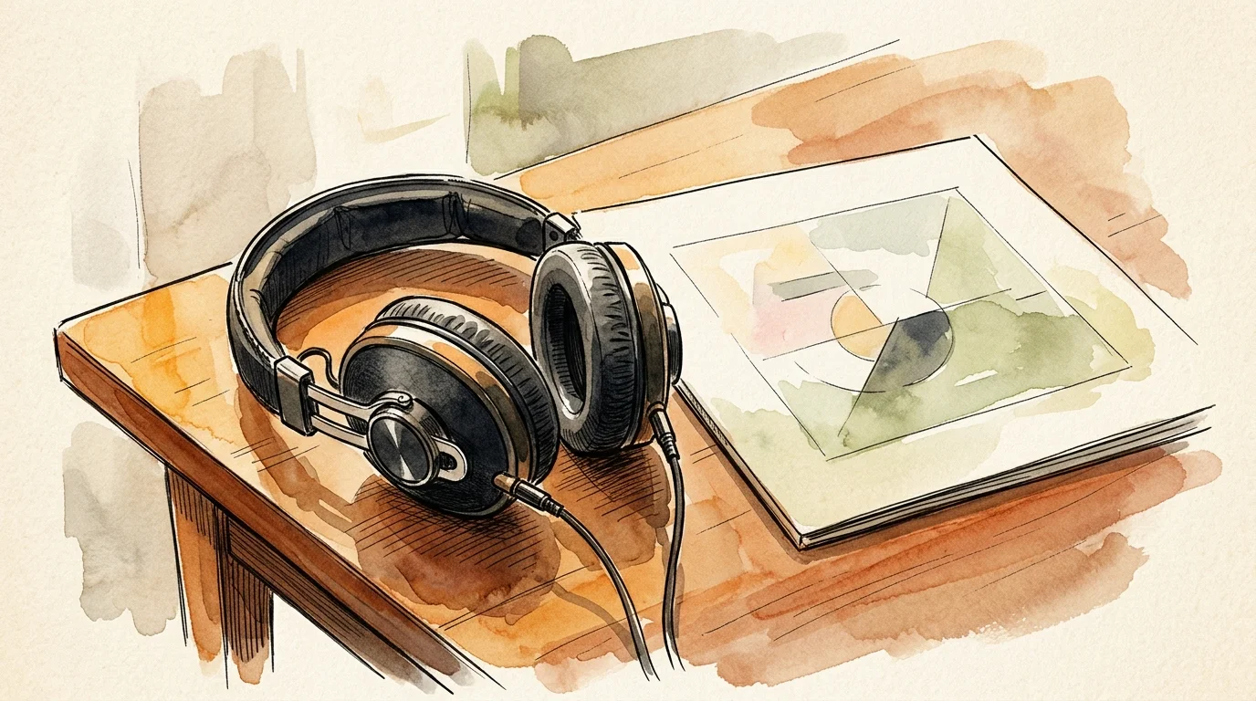An editorial watercolor sketch of sleek black over-ear headphones resting on a wooden table next to a vinyl record sleeve.