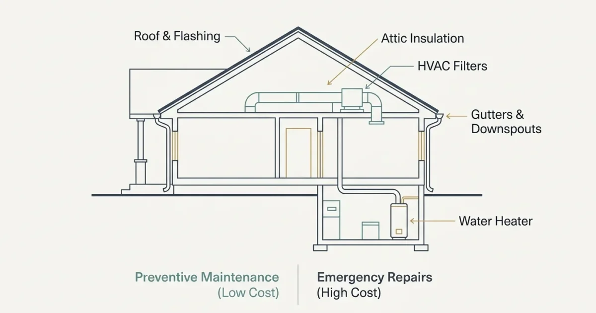 An elegant minimalist architectural diagram of a house cross-section highlighting key preventive maintenance areas like roof, HVAC, and wate