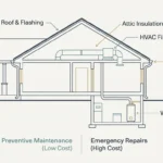 An elegant minimalist architectural diagram of a house cross-section highlighting key preventive maintenance areas like roof, HVAC, and wate