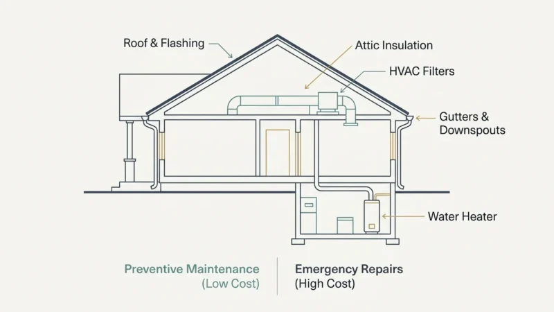 An elegant minimalist architectural diagram of a house cross-section highlighting key preventive maintenance areas like roof, HVAC, and wate