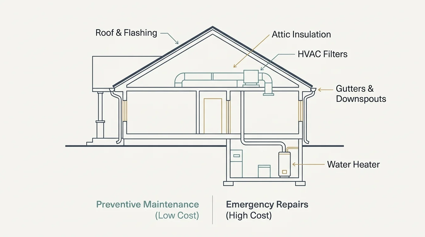 An elegant minimalist architectural diagram of a house cross-section highlighting key preventive maintenance areas like roof, HVAC, and wate