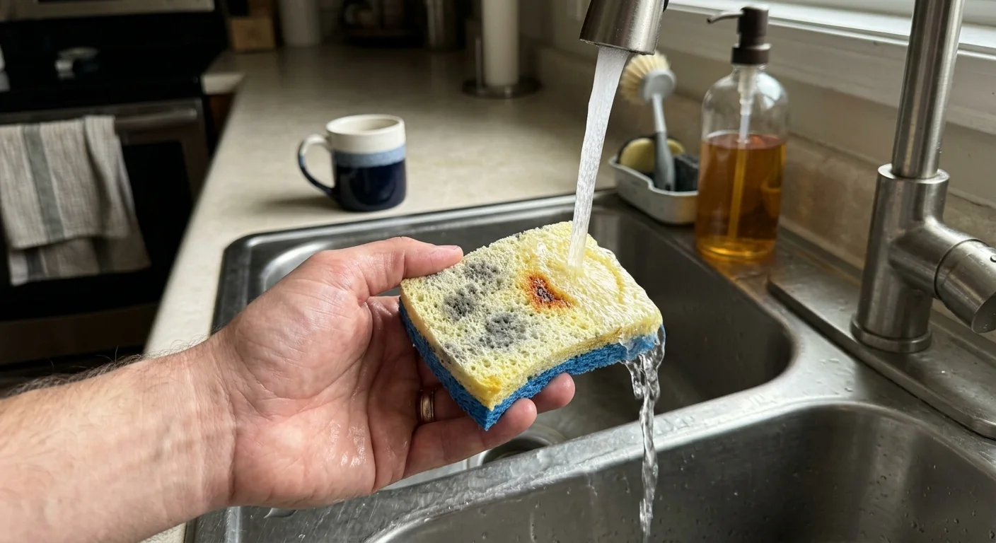 An everyday photo of a wet hand holding a kitchen sponge with visible dark grey mildew spots and a rust-colored stain.
