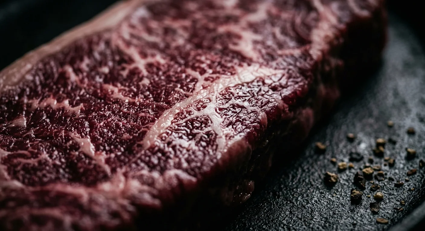 An extreme close-up of high-grade USDA Prime marbling on a New York Strip steak.