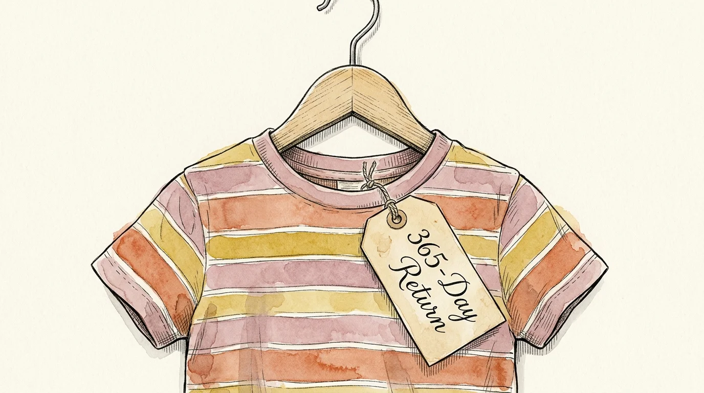 An illustration of a child's striped shirt on a hanger with a tag that reads '365-Day Return'.