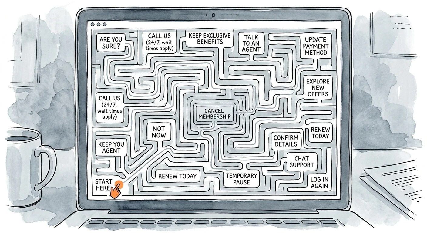 An illustration of a computer screen showing a complex maze leading to a tiny cancel membership button.