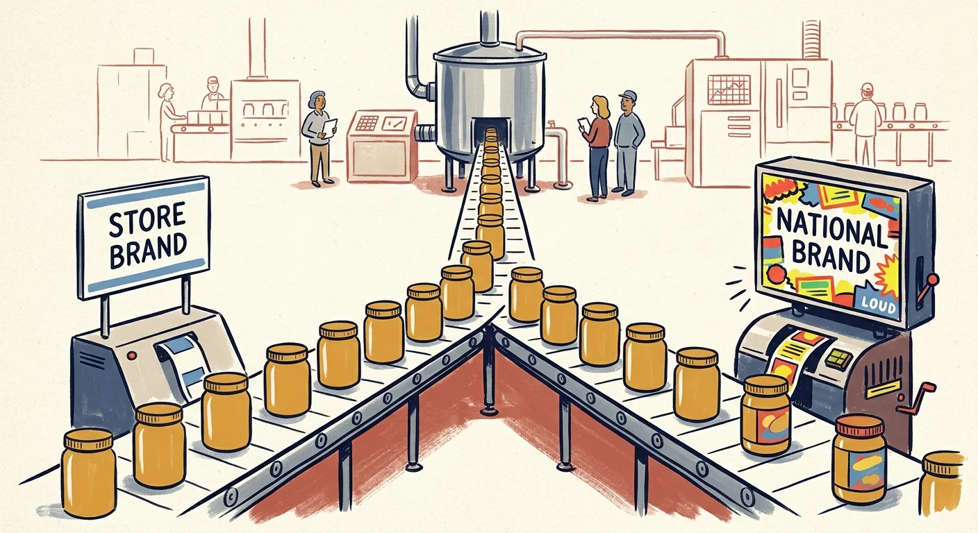 An illustration of a factory conveyor belt splitting identical peanut butter jars into generic and name-brand labeling lines.