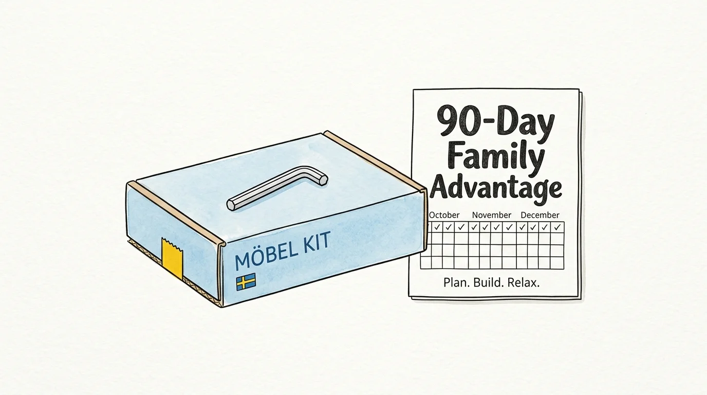 An illustration of a flat-pack furniture box and an Allen wrench next to a calendar labeled 90-Day Family Advantage.