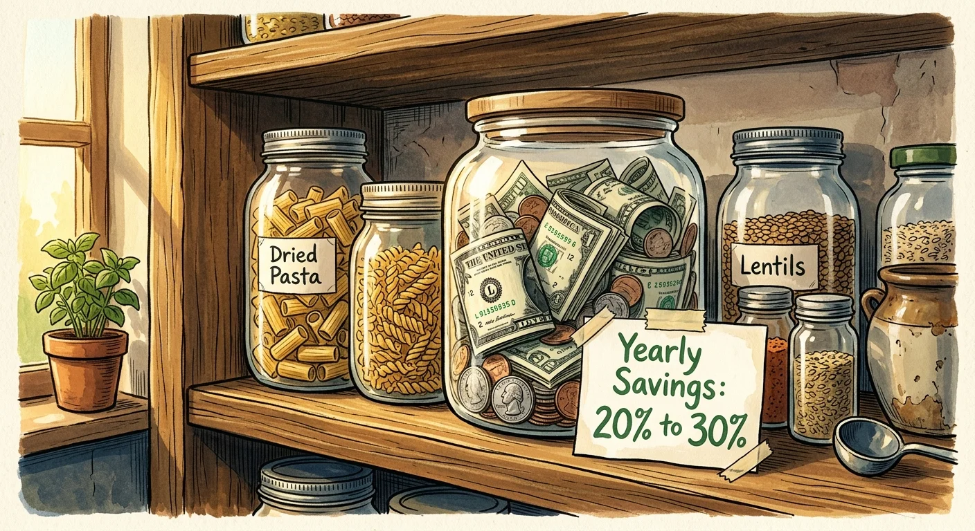 An illustration of a glass jar on a pantry shelf filled with cash, labeled 'Yearly Savings: 20% to 30%'.