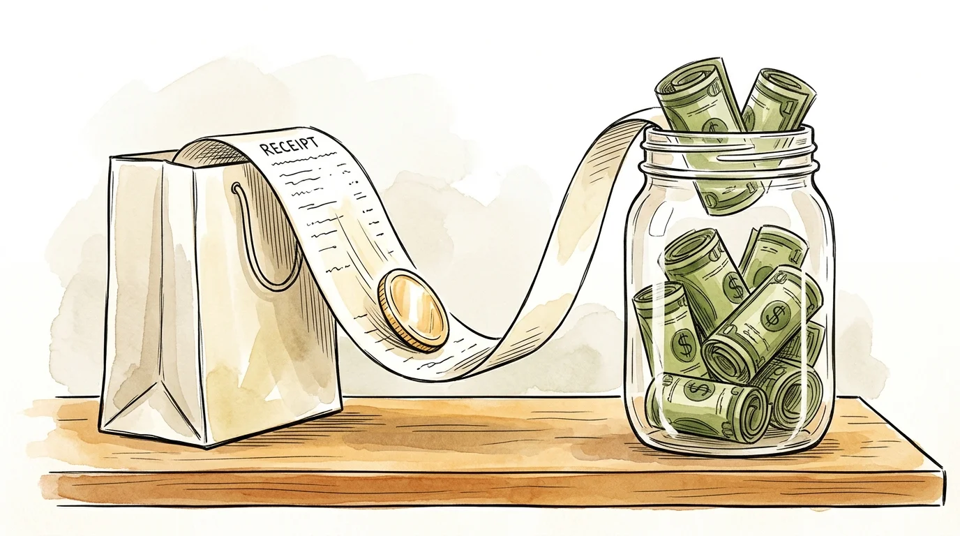 An illustration of a gold coin sliding down a receipt into a savings jar, symbolizing retail savings.