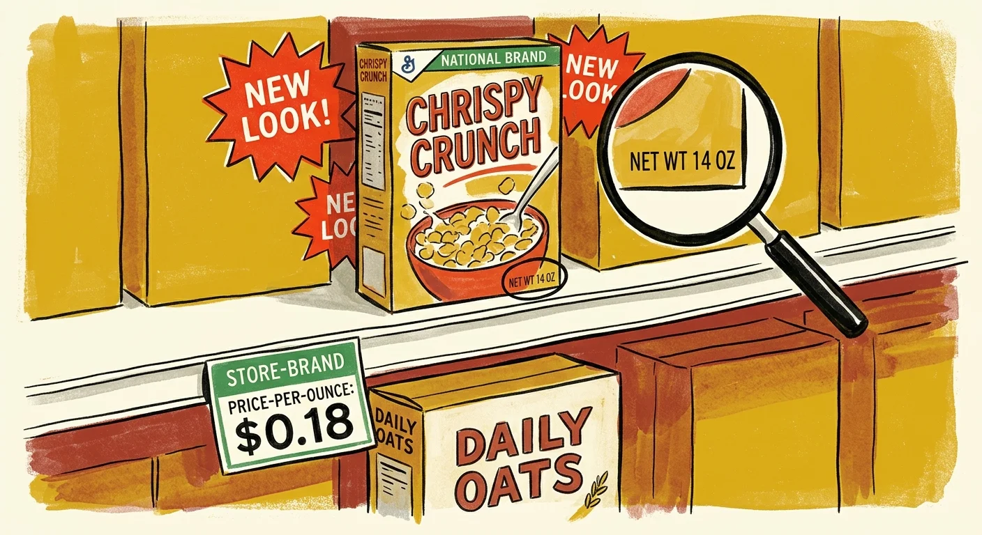 An illustration of a grocery shelf highlighting a flashy name-brand box with a 'New Look' tag next to an honest store-brand option.