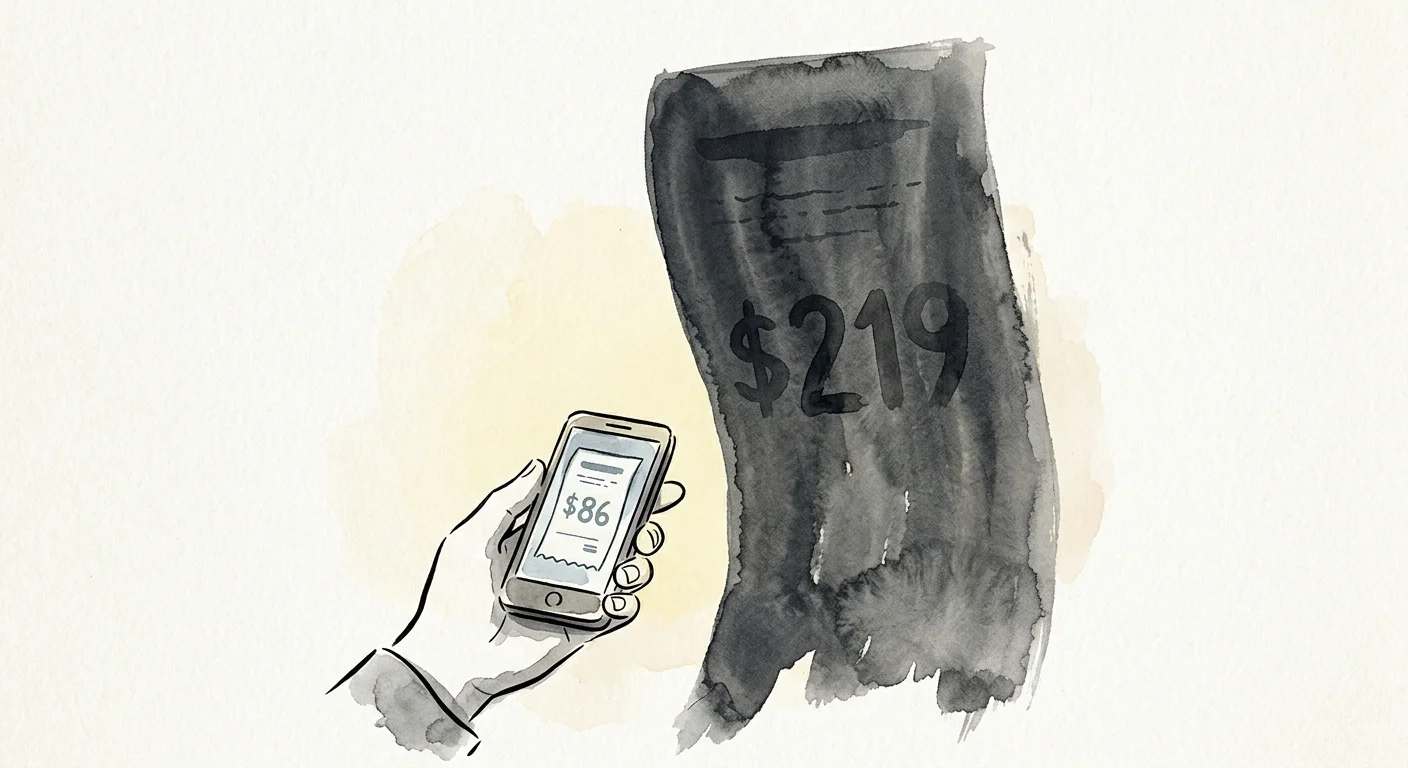 An illustration of a hand holding a phone showing eighty-six dollars, casting a giant shadow of a two hundred nineteen dollar bill.