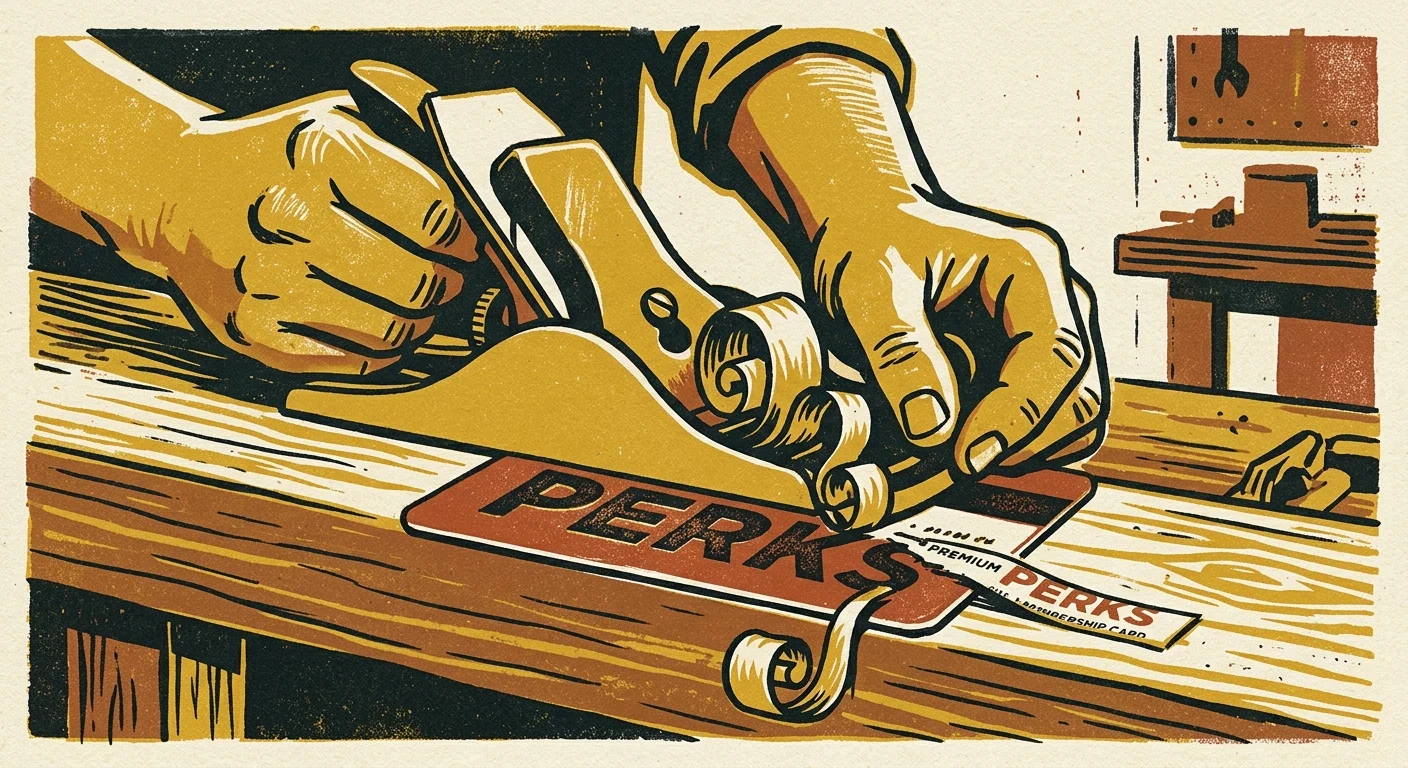 An illustration of a membership card being shaved down by a tool, leaving only a tiny shred of its original size.