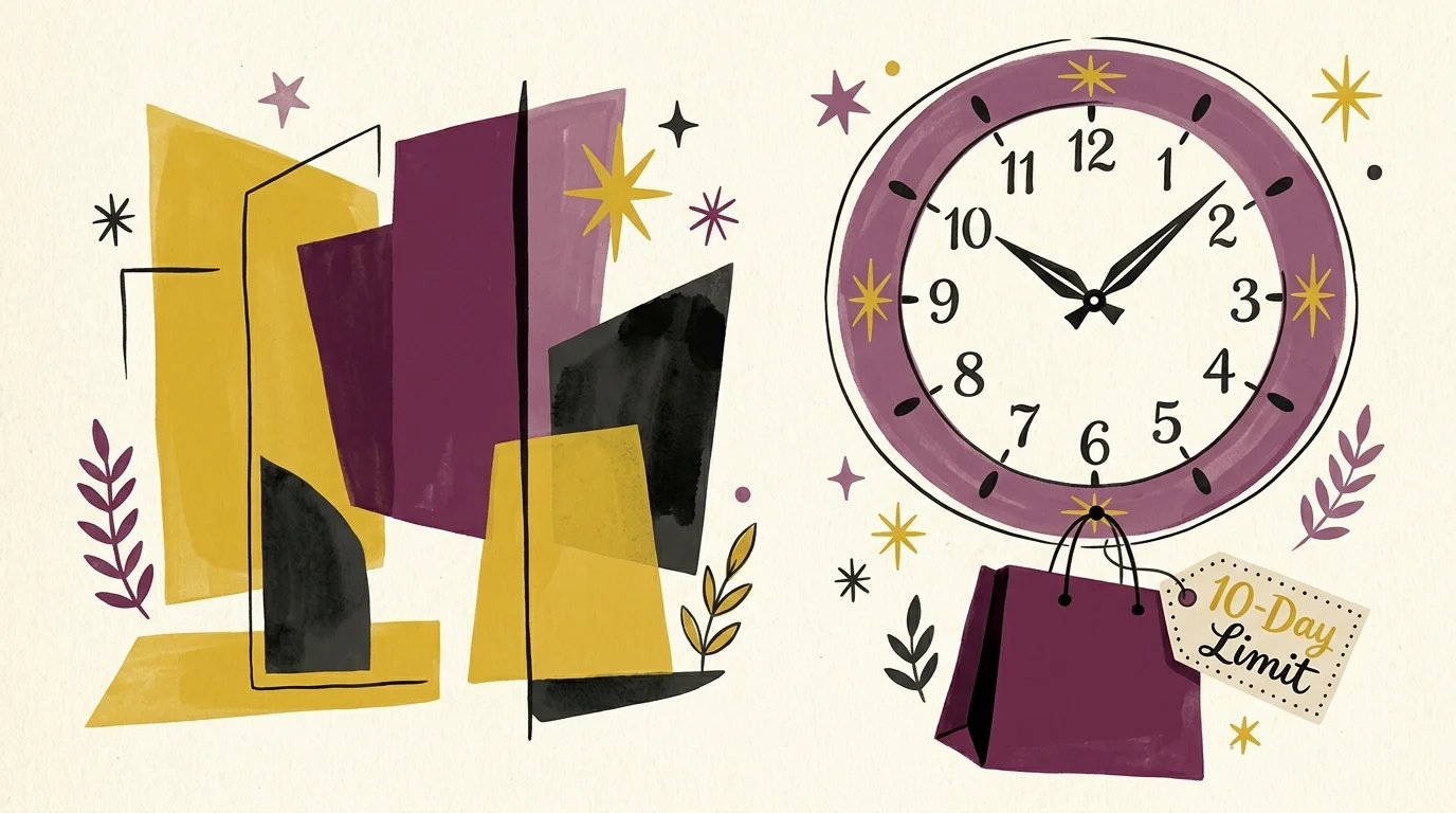 An illustration of an analog clock pointing to ten with a stylized fashion shopping bag labeled 10-Day Limit.