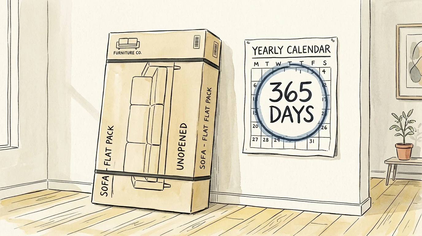 An illustration of an unopened flat-pack box leaning against a wall next to a calendar marked '365 Days'.