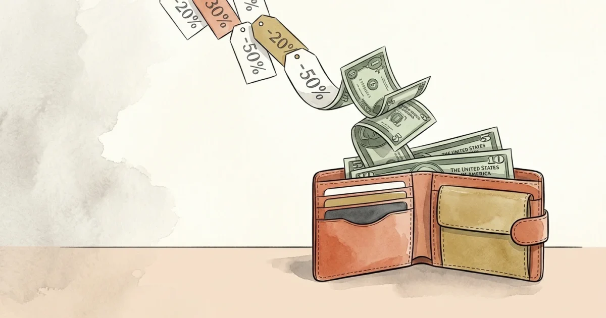 An illustration of price tags transforming into dollar bills sliding back into a wallet, representing retroactive retail savings.