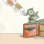An illustration of price tags transforming into dollar bills sliding back into a wallet, representing retroactive retail savings.