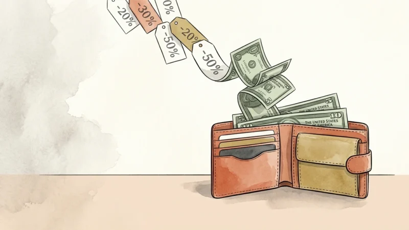 An illustration of price tags transforming into dollar bills sliding back into a wallet, representing retroactive retail savings.