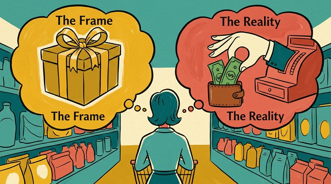 An illustration showing a consumer's mind split between a golden 'Free' gift box and a hand pulling double the cash out of their wallet.