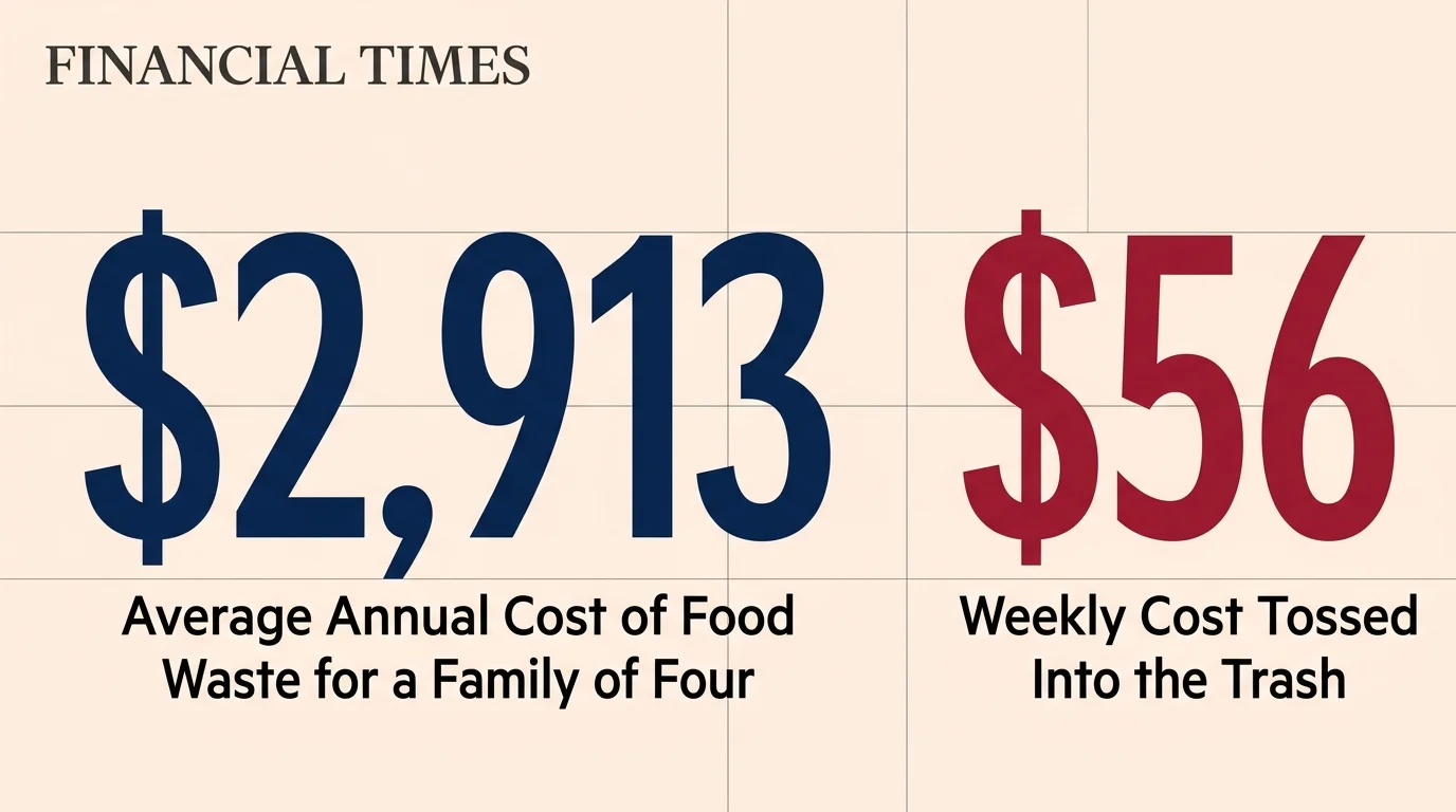 An infographic chart displaying the annual cost of twenty-nine hundred thirteen dollars and weekly cost of fifty-six dollars of food waste.