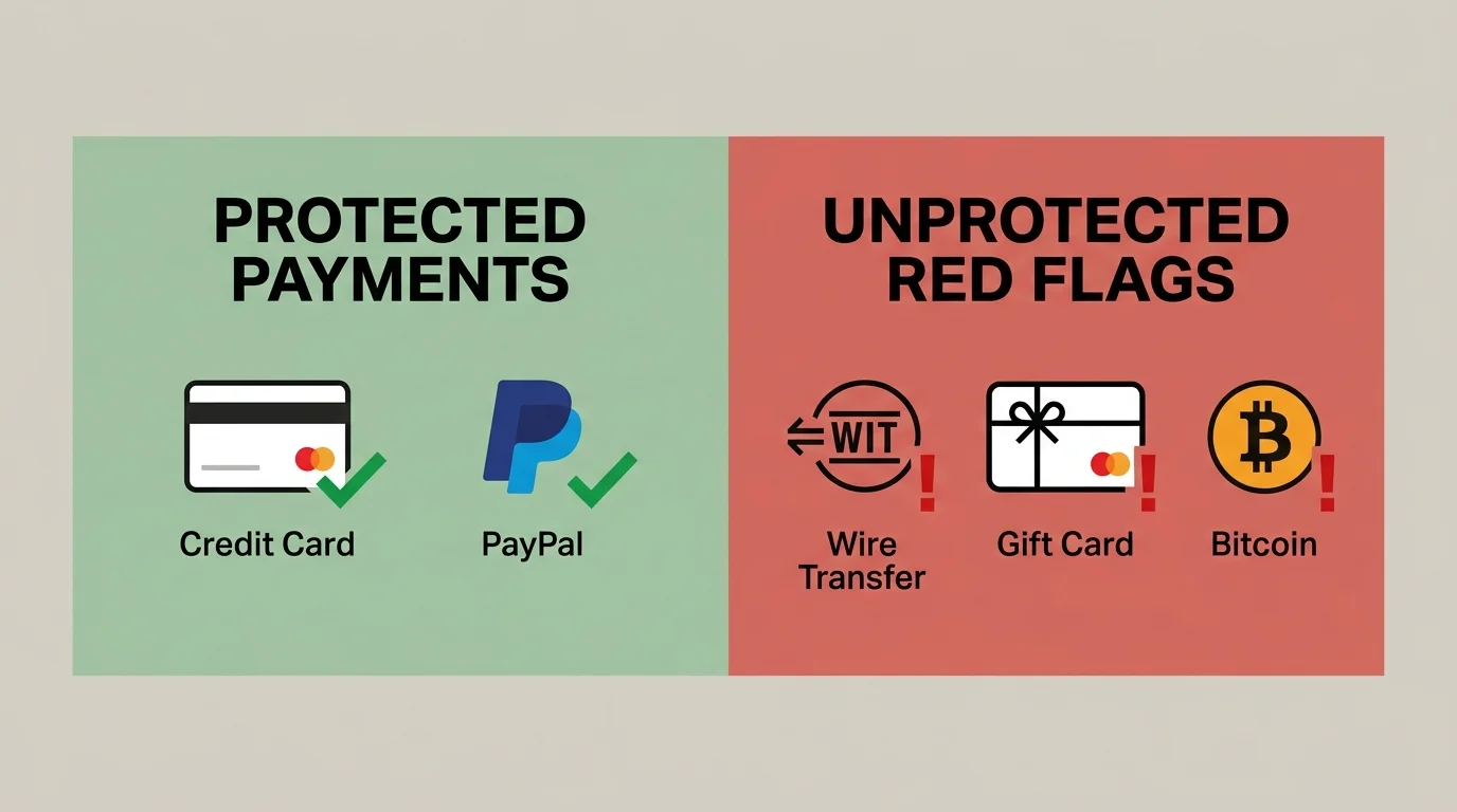 An infographic comparing protected checkout methods like credit cards to red flags like wire transfers and crypto.