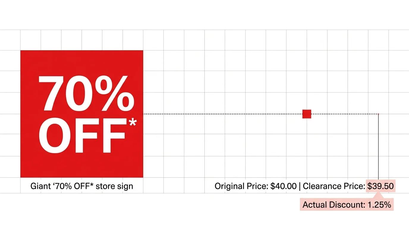 An infographic diagram comparing a massive red '70% Off' block with a tiny block representing an actual 50-cent markdown.
