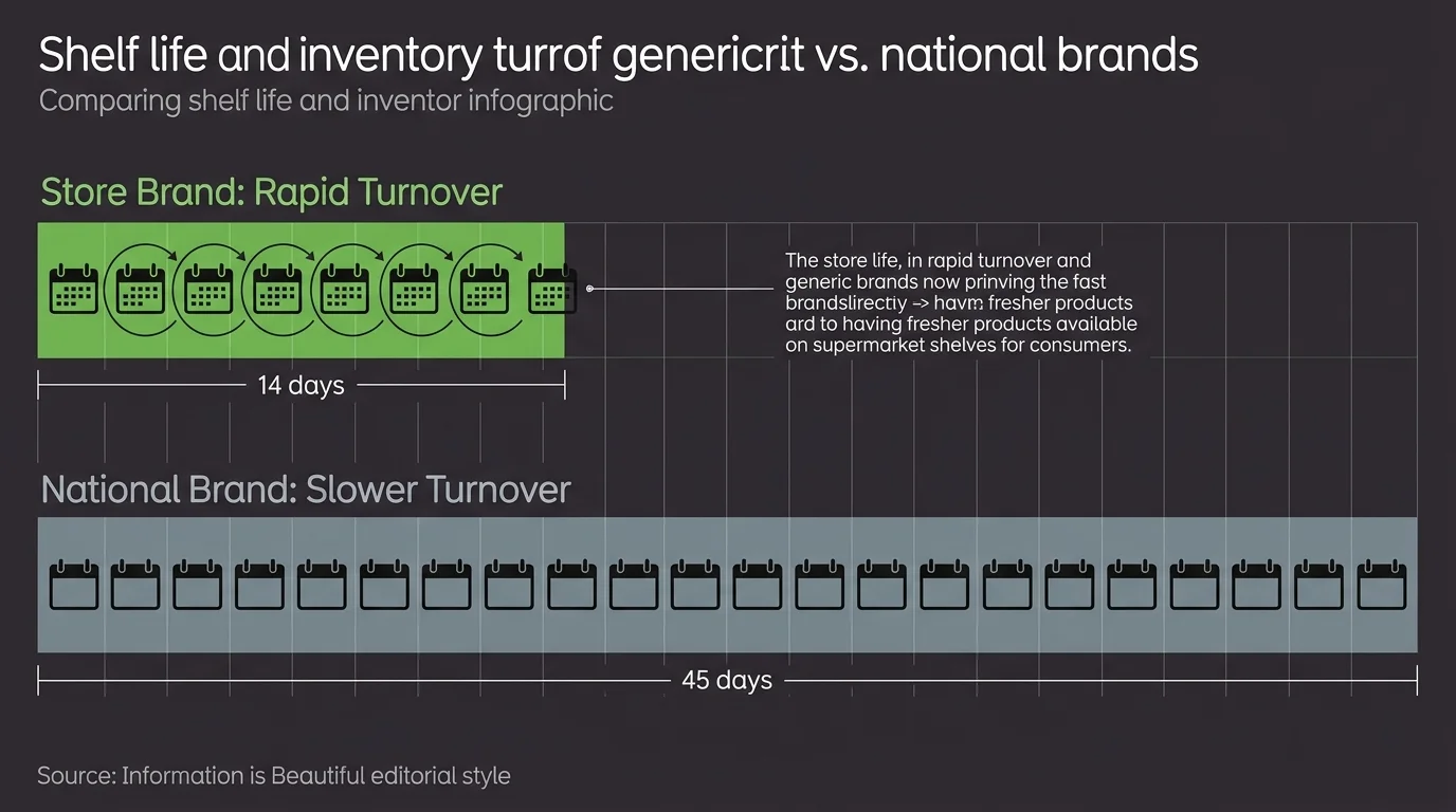 An infographic diagram comparing the quick 14-day turnover of store brands to the slower 45-day shelf life of national brands.
