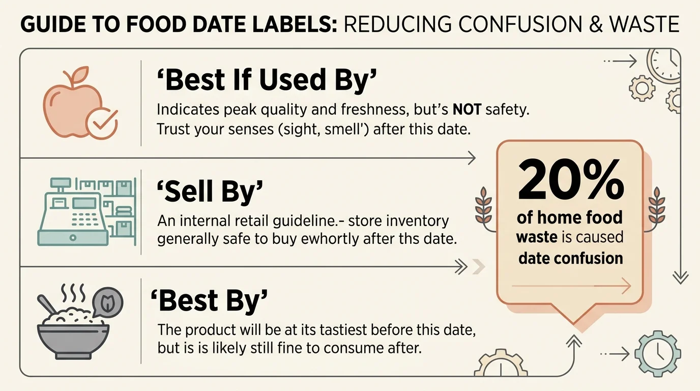 An infographic showing the difference between manufacturer date labels to reduce waste.