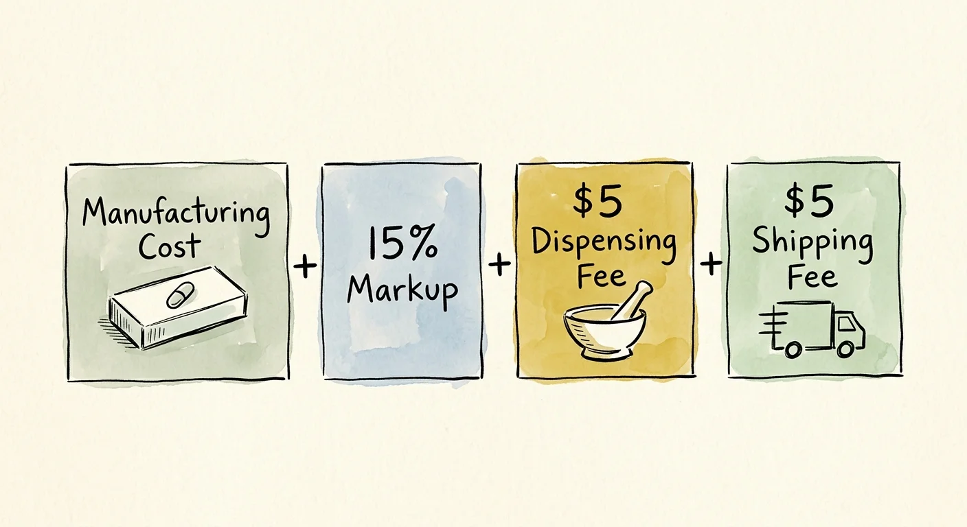An ink and watercolor diagram illustrating the Cost Plus pricing formula: Manufacturing Cost + 15% + $5 + $5.