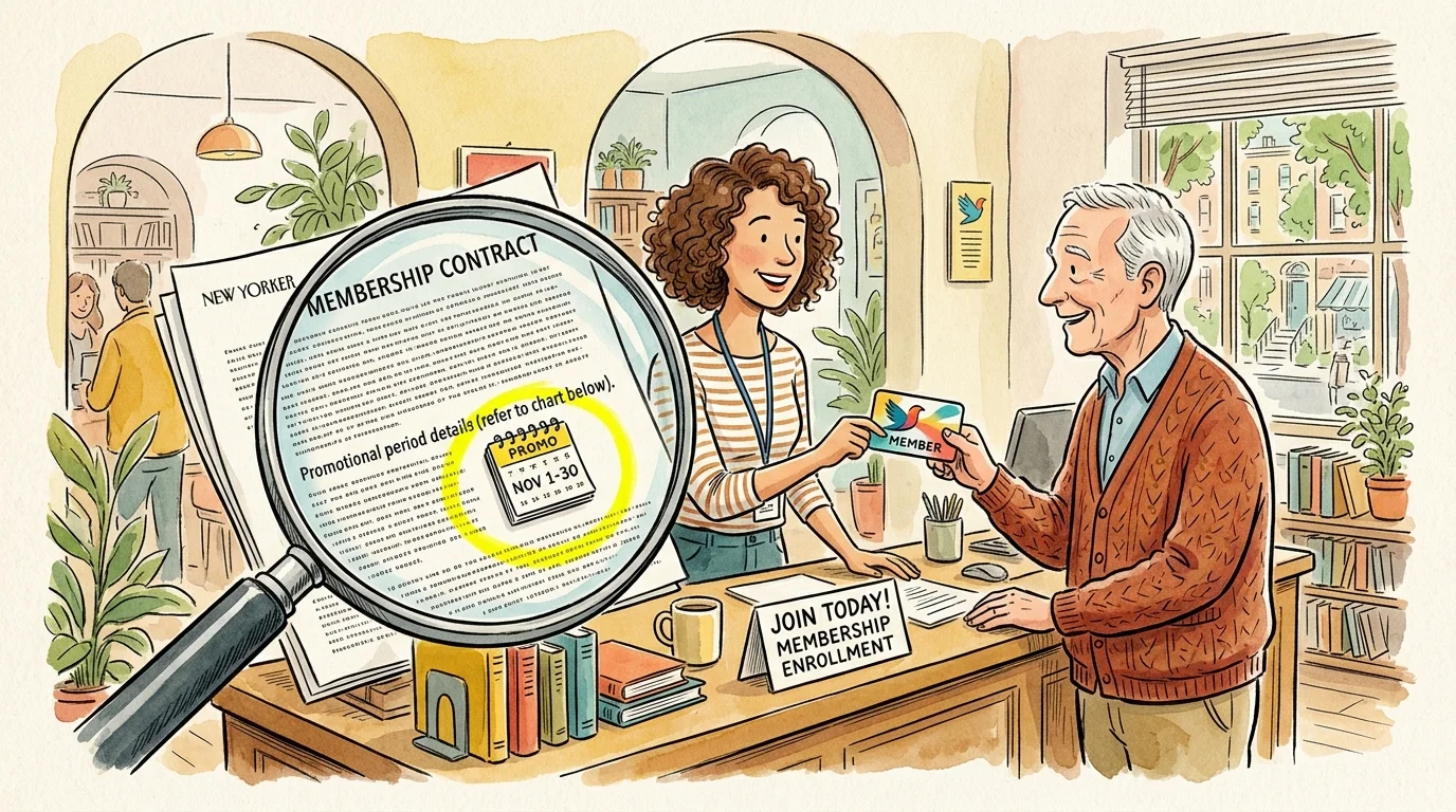An ink and watercolor drawing of an older man at a membership desk looking at a contract under a magnifying glass.