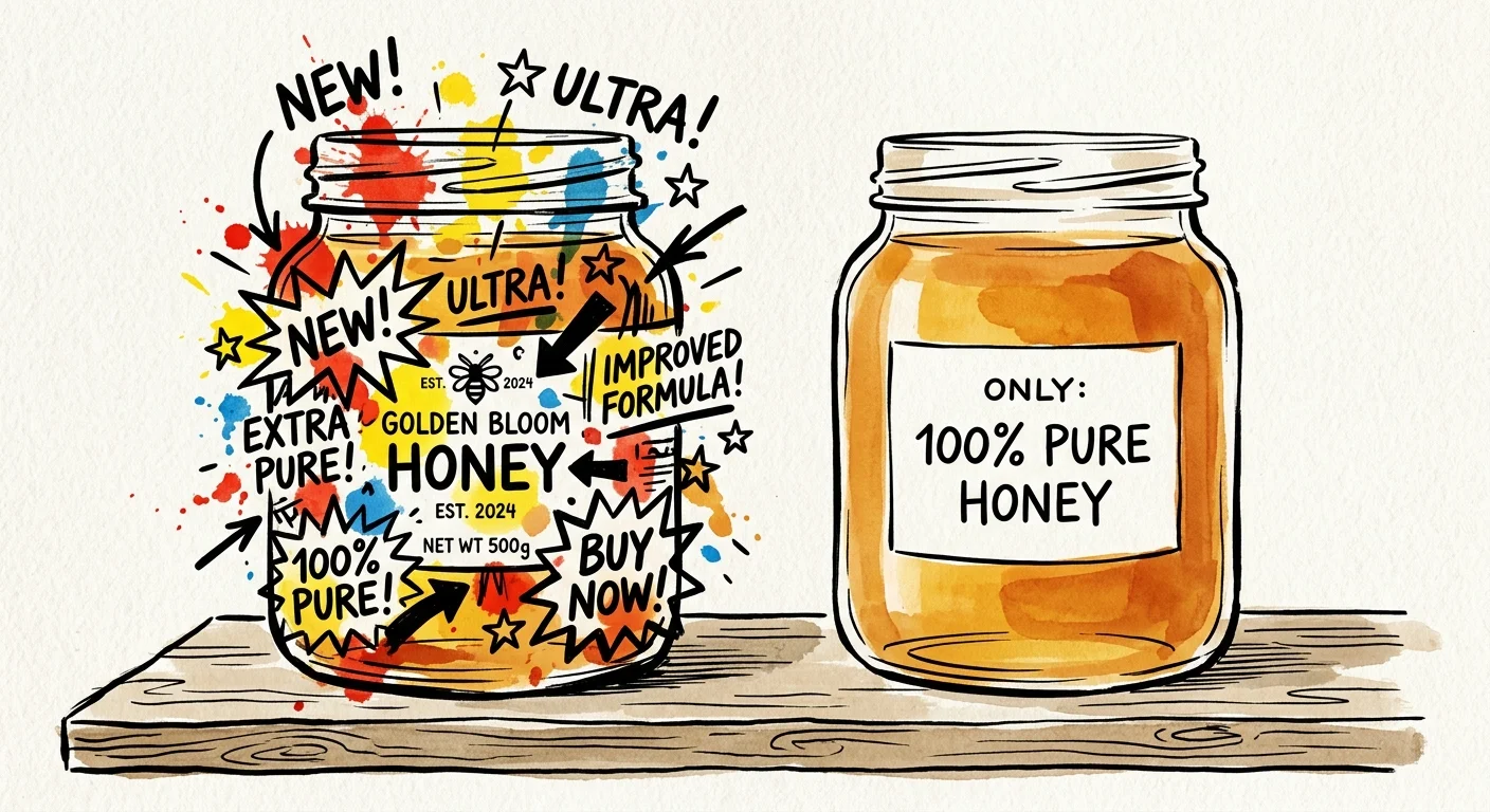 An ink and watercolor illustration comparing a noisy, over-designed brand-name honey jar with a clean, simple generic honey jar.