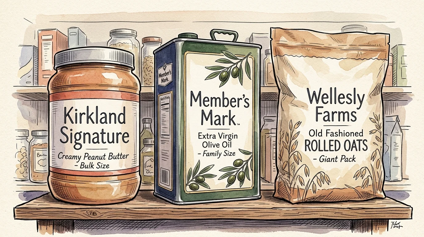 An ink and watercolor illustration comparing bulk private label products from Kirkland, Member's Mark, and Wellesly Farms.