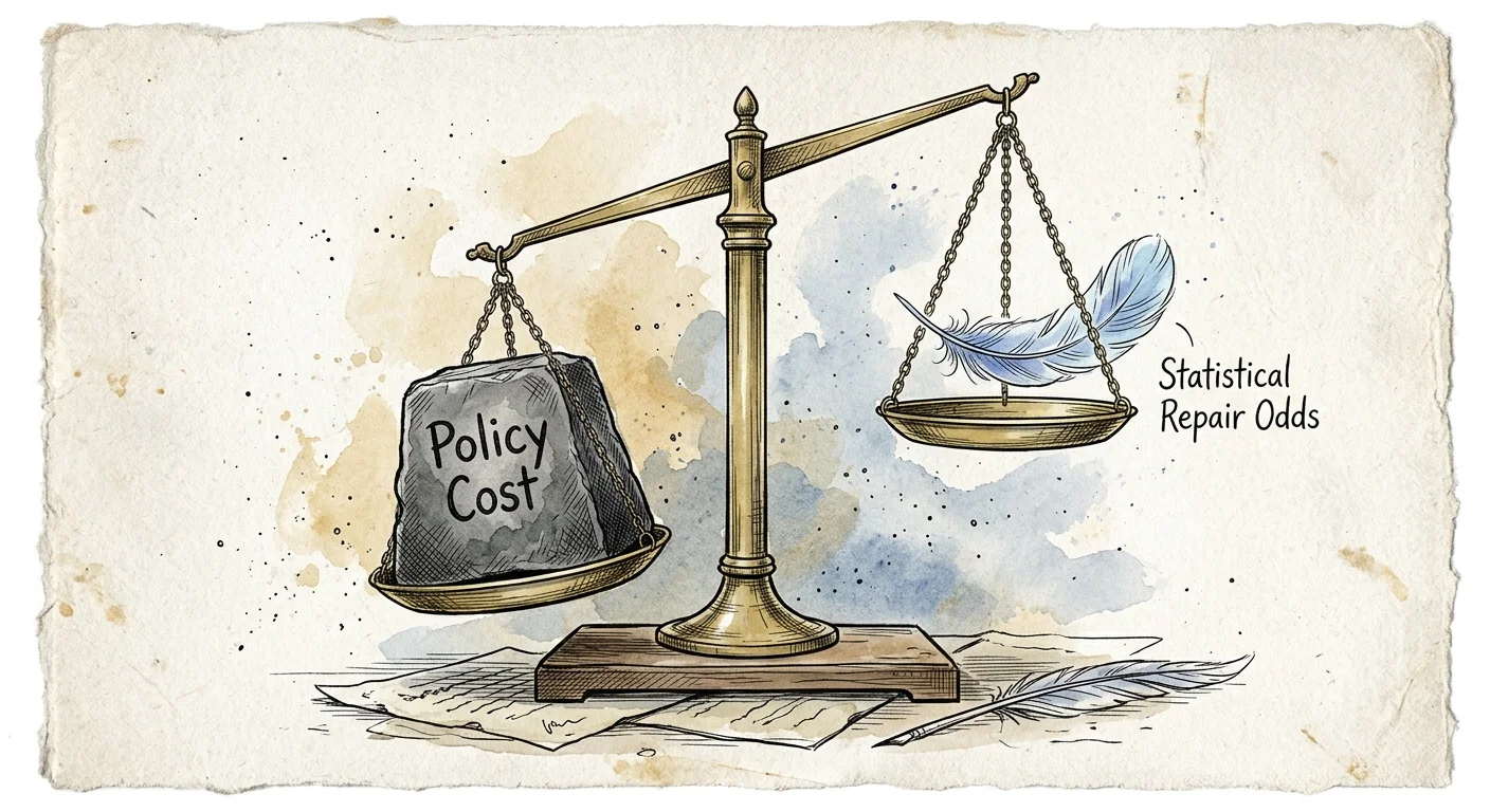 An ink and watercolor illustration of a balance scale tipped heavily by a block labeled policy cost against a light feather of repair odds.
