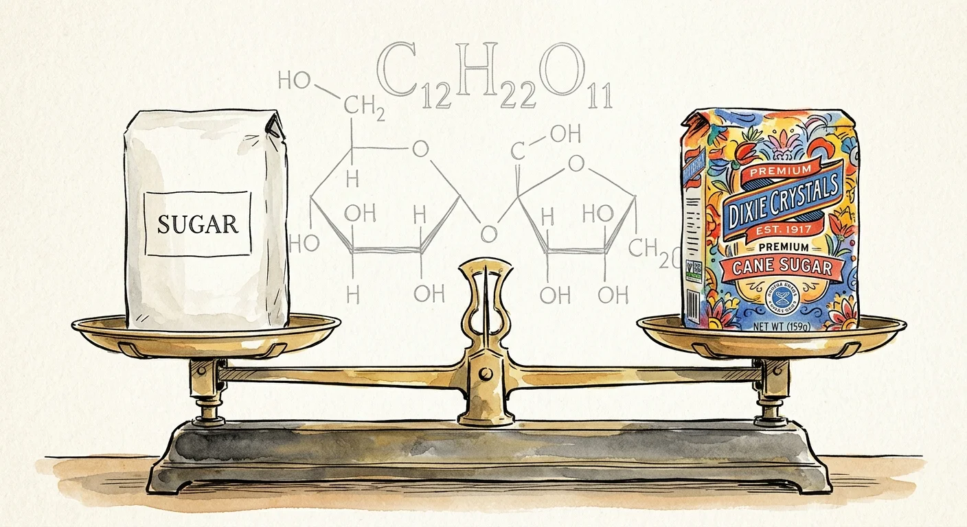 An ink and watercolor illustration of a balanced scale weighing a generic bag of sugar against a colorful name-brand bag of sugar.