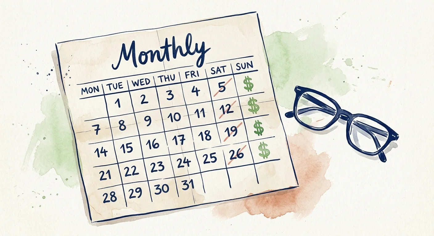 An ink and watercolor illustration of a calendar page with dates crossed out and replaced by small green dollar signs.