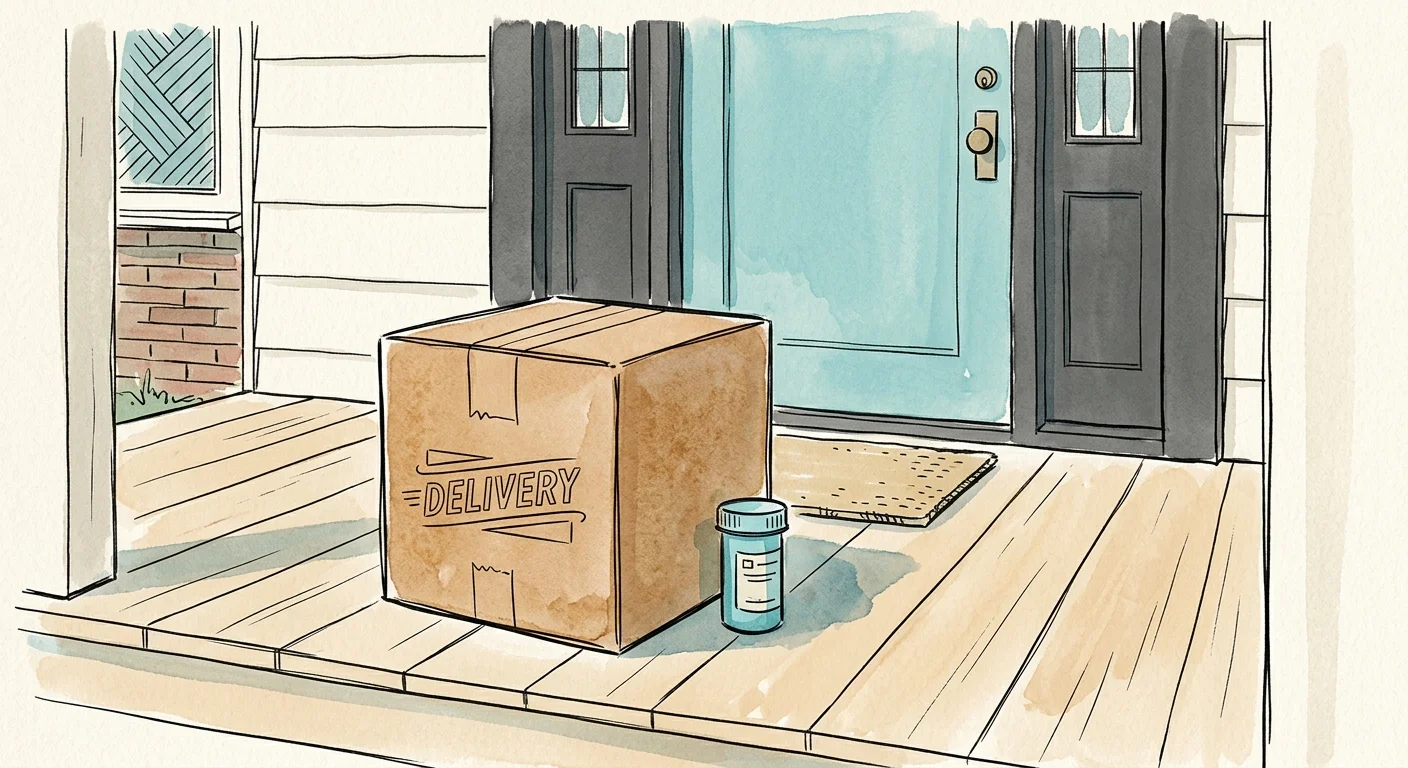 An ink and watercolor illustration of a cardboard delivery package sitting on a wooden porch step next to a stylized medicine bottle.