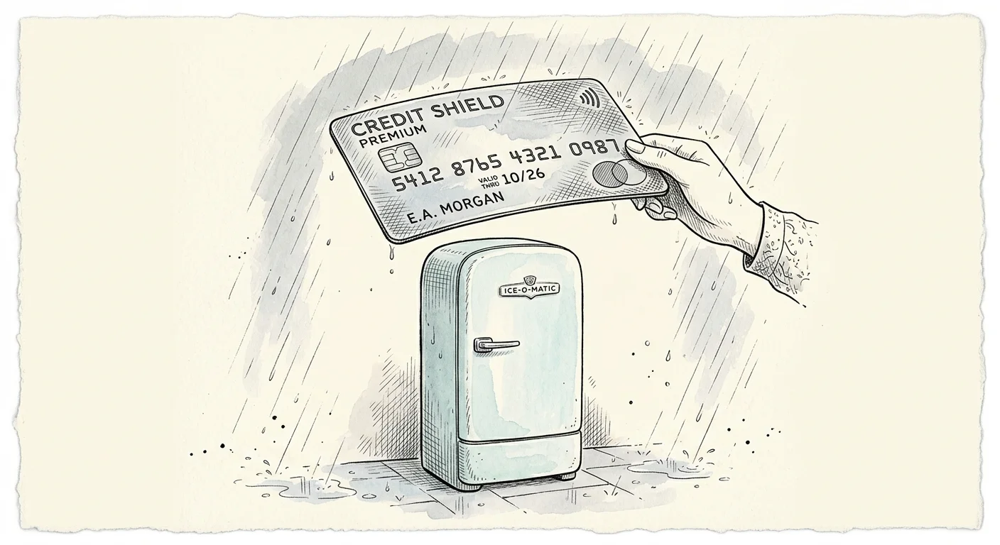 An ink and watercolor illustration of a credit card acting as an umbrella to protect a refrigerator from falling rain.