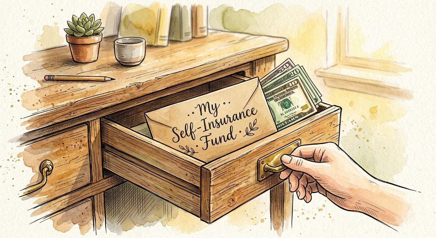 An ink and watercolor illustration of a hand opening a drawer to reveal a paper envelope labeled 'My Self-Insurance Fund' with cash inside.
