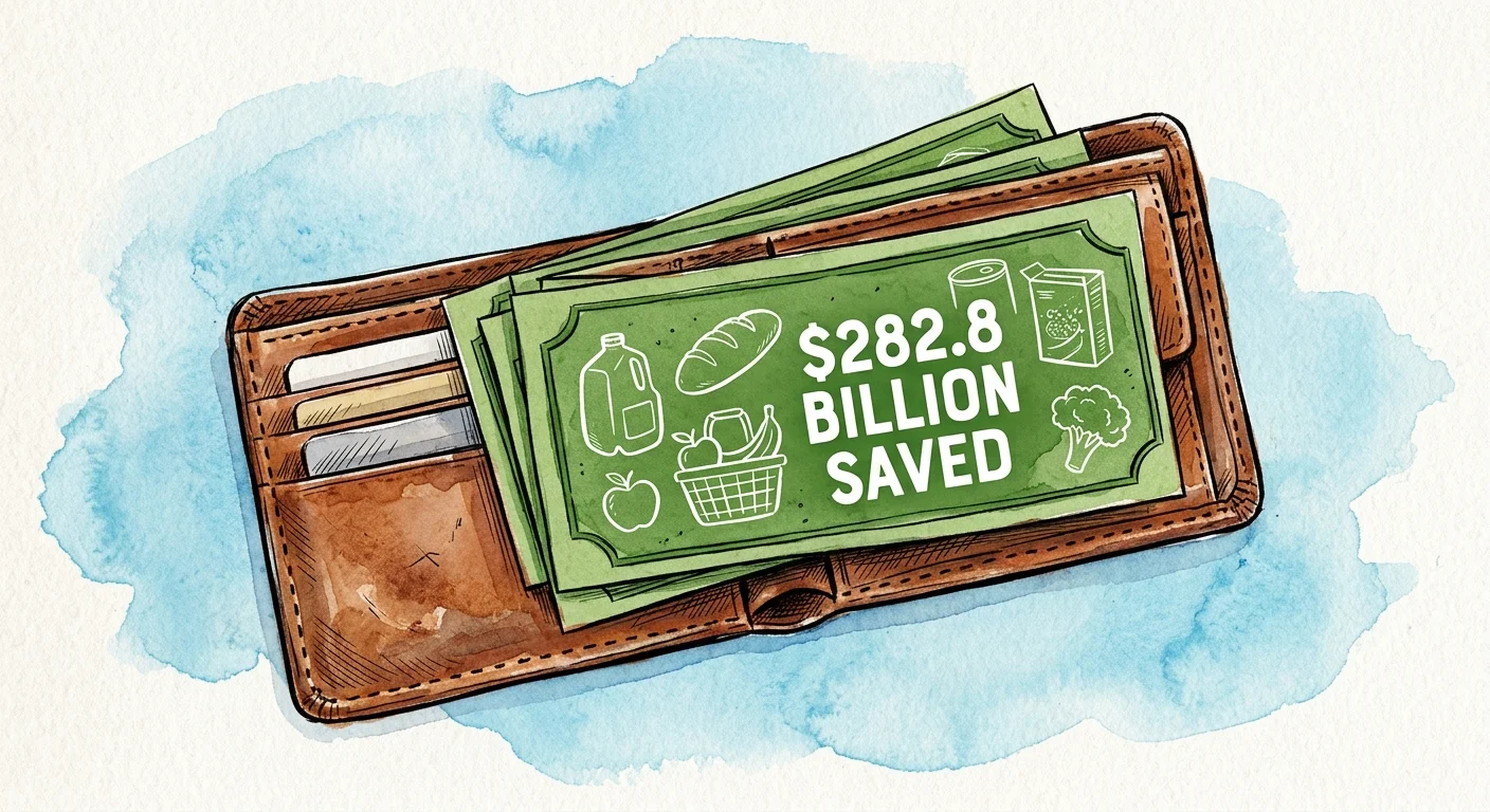 An ink and watercolor illustration of a leather wallet filled with green bills shaped like generic grocery items.