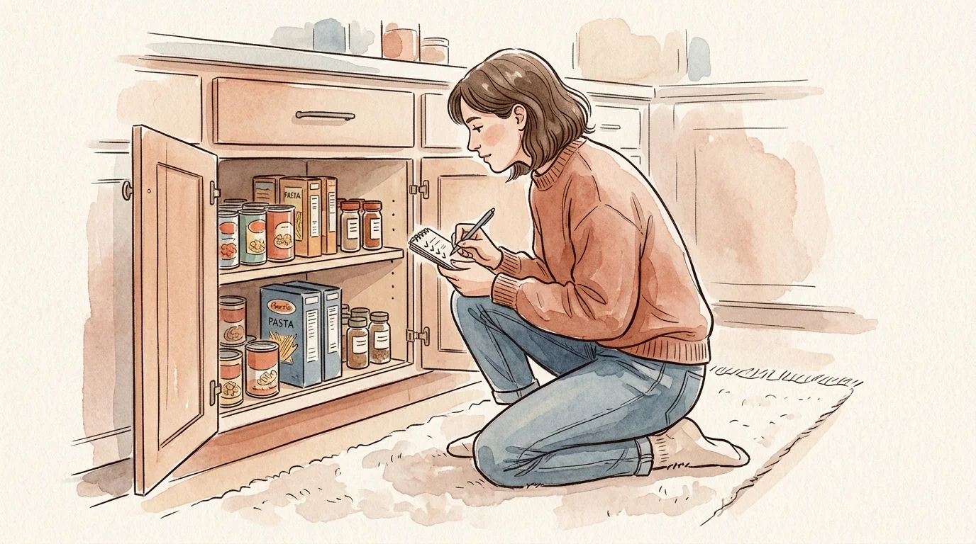 An ink and watercolor illustration of a person conducting a reverse pantry audit in their kitchen cabinet.