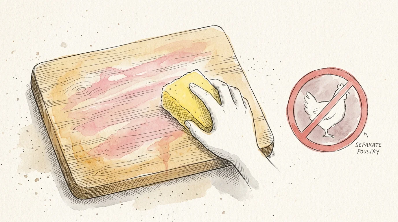 An ink and watercolor illustration of a sponge wiping a cutting board next to a stylized chicken warning icon.